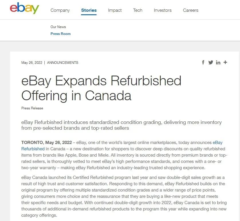 【西邮最前线】eBay在加拿大推出“eBay Refurbished”平台-西邮物流